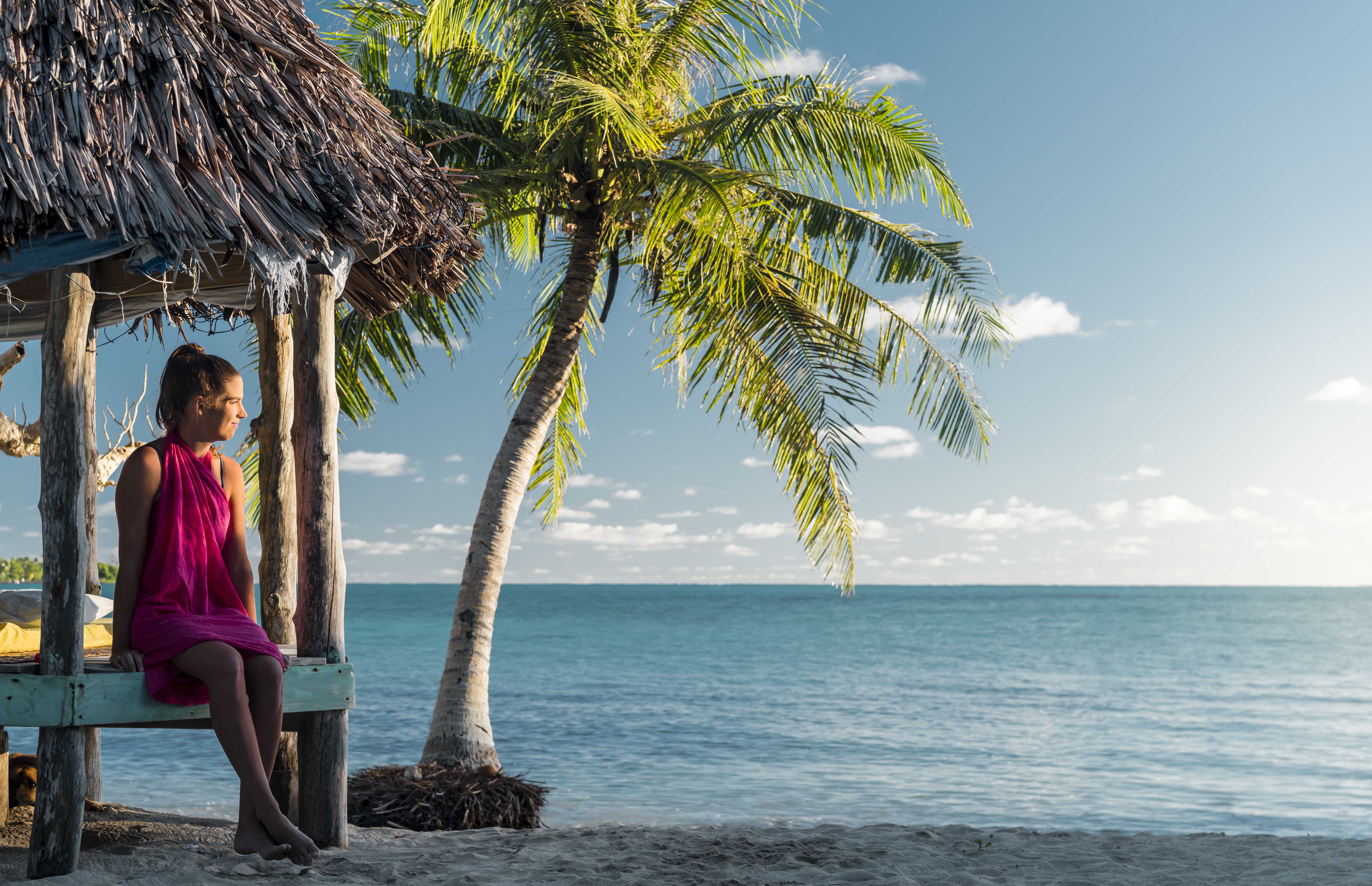 A Samoan fale at sunset, Namua Island